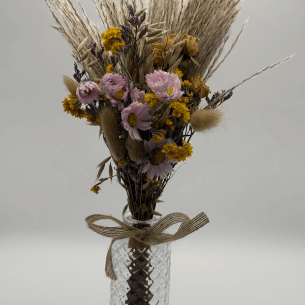 Delicate_purple_flowers_yellow_accents_dried_flower_birthday_flowers_bud_vase_