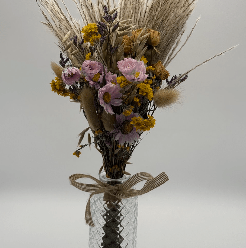 Delicate_purple_flowers_yellow_accents_dried_flower_birthday_flowers_bud_vase_