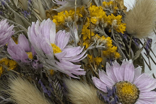 Delicate_purple_flowers_yellow_accents_dried_flower_birthday_flowers_bud_vase_