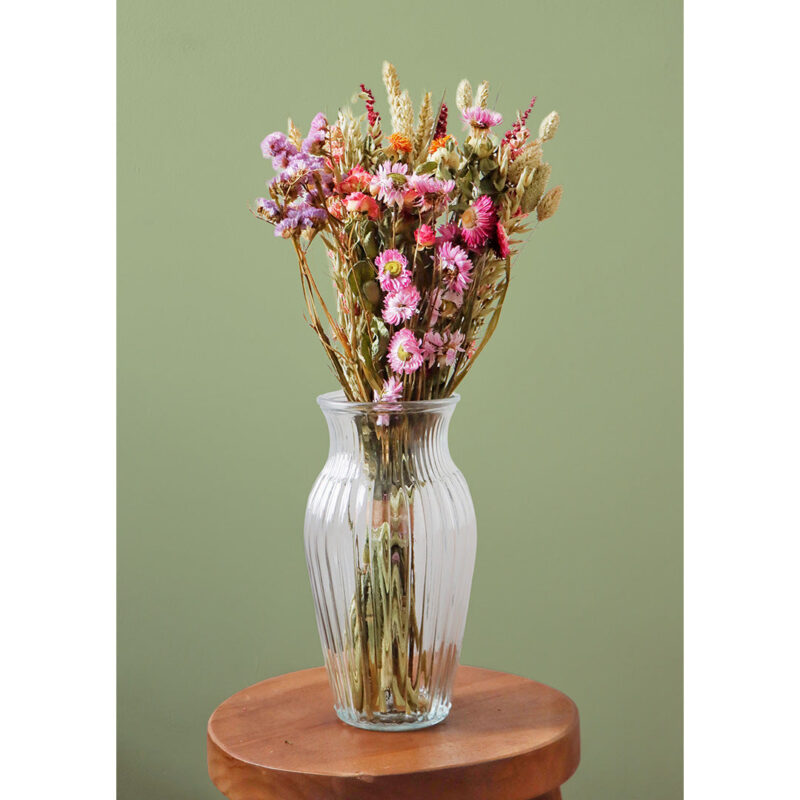 Dried Flower Bouquet Pink Purple Orange Stems In Vase Fb30