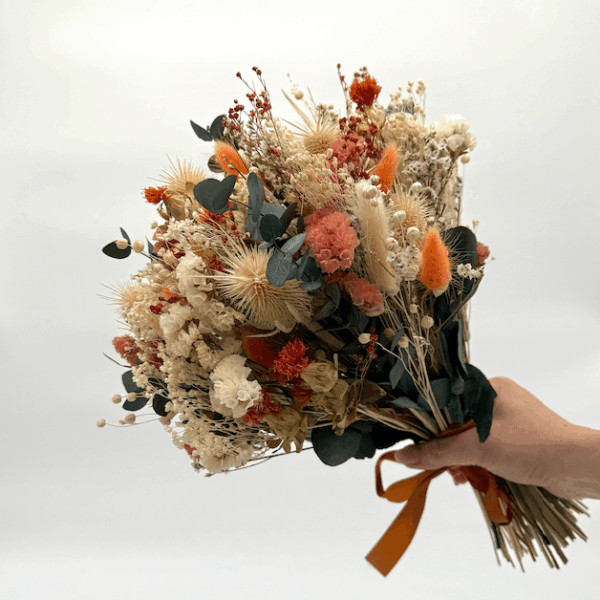 Elodie dried wedding bouquet – blush pink and orange preserved flower bridal arrangement