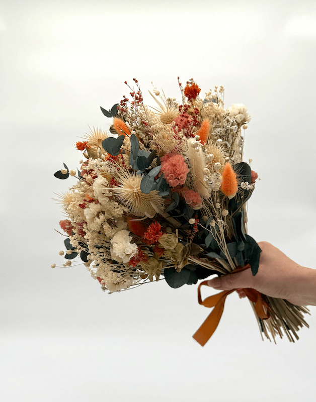 Elodie dried wedding bouquet – blush pink and orange preserved flower bridal arrangement