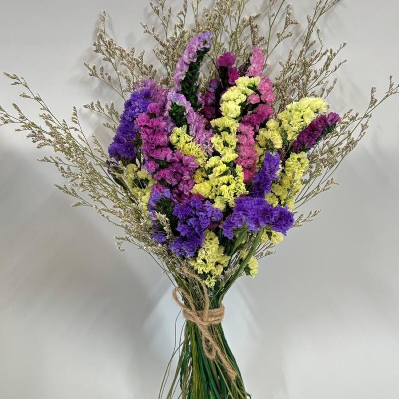 Hand_tied_dried_floral_arrangement_fuschia_lavender_lemon_yellow_db Fgt001_3