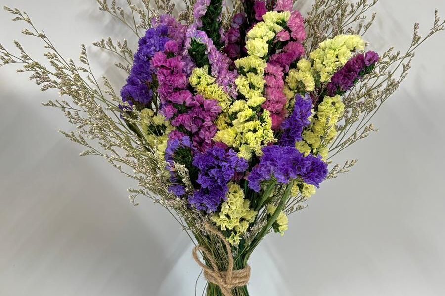 Hand_tied_dried_floral_arrangement_fuschia_lavender_lemon_yellow_db Fgt001_3