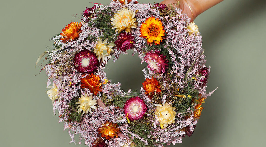 How to Dry Flowers at Home: 5 Easy Methods 1 Small_dried_flower_wreath_pink_and_green_floral_wall_hanging_wrh Mul