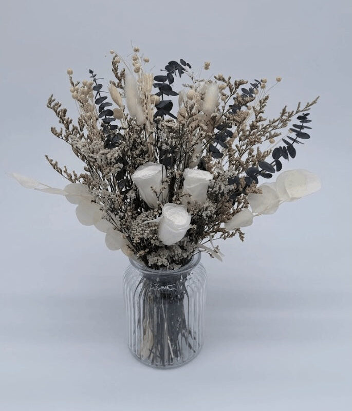 White Dried Flower Bouquet Rose Eucalyptus In Vase Dbfb002